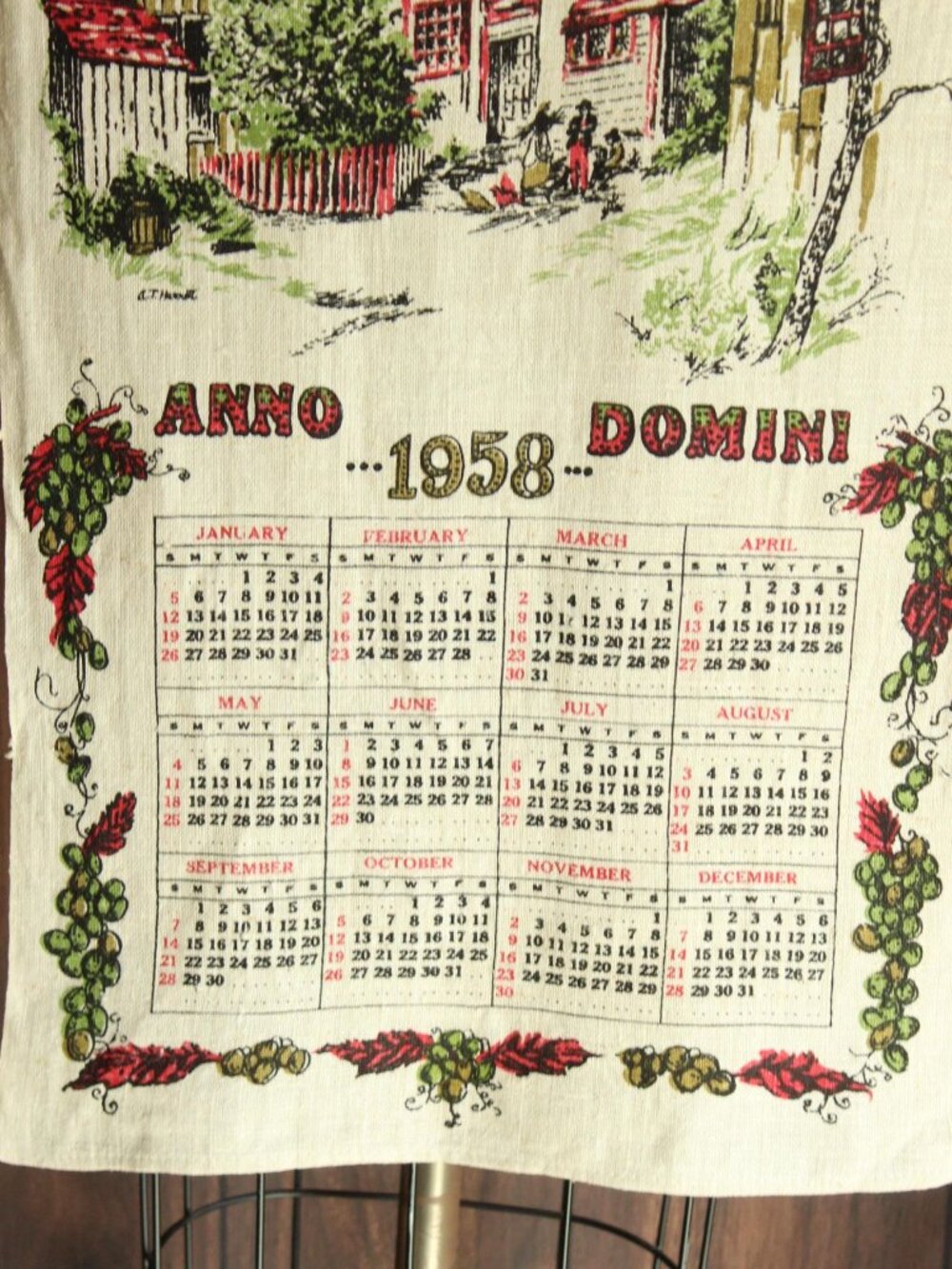 Vintage 1950s Calendar Towel, 1958 Stevens Linen Country Home Print with Hanging - Picture 3 of 14